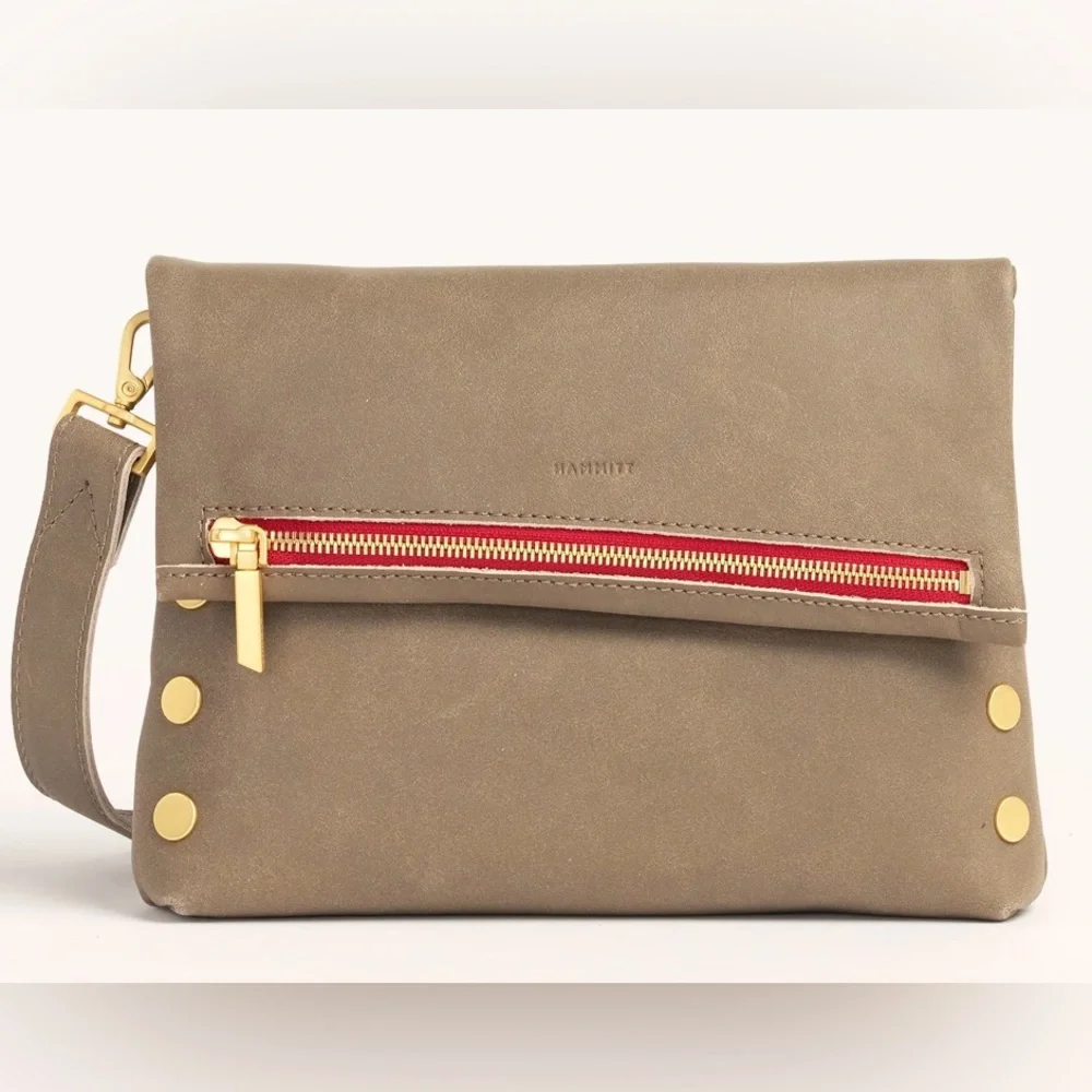 Hammitt VIP Medium Leather Clutch Crossbody Bag in Pewter Grey Red Zipper - Picture 3 of 16